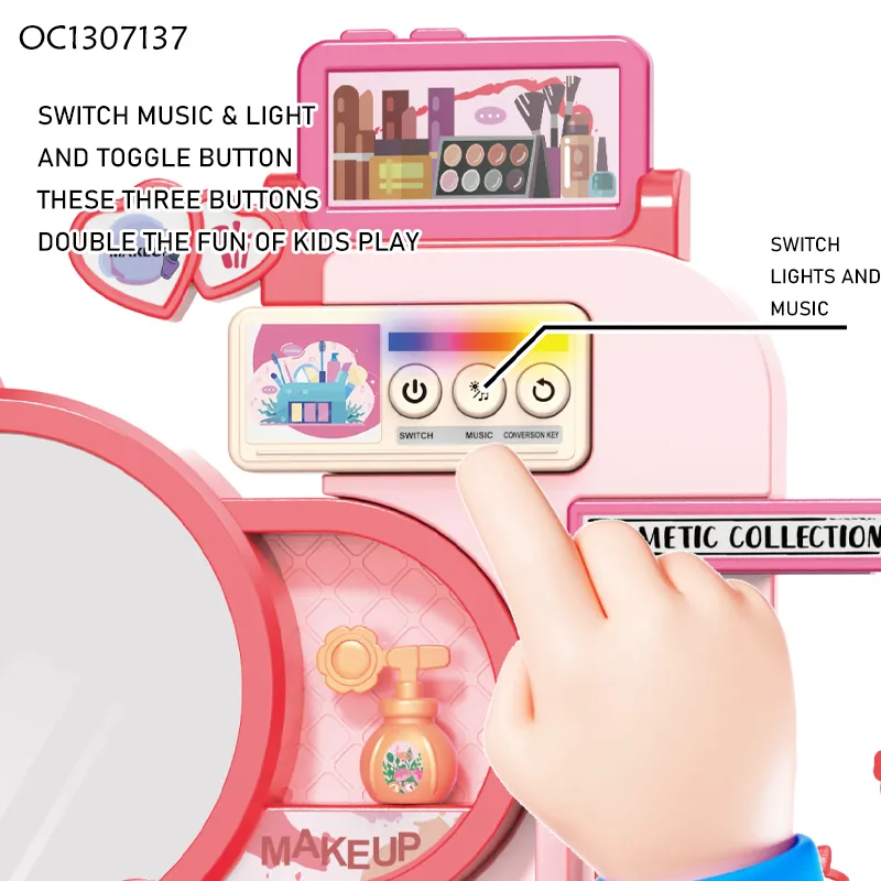 Wholesale DIY Fashion Cosmetic Make up Set Plastic Toy Girls Pretend Beauty Dressing Table Toy with Mirror and Lighting