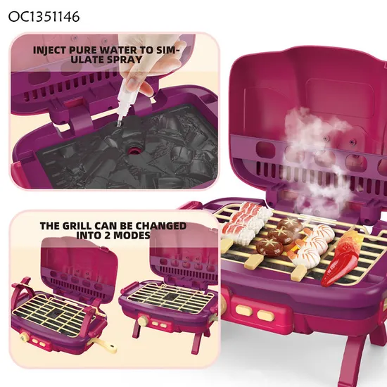 Wholesale Simulation Food Pretend Barbecue Kids Role Play Pink Children's Plastic Mini Kitchen Eaducational Set Toy with Spray