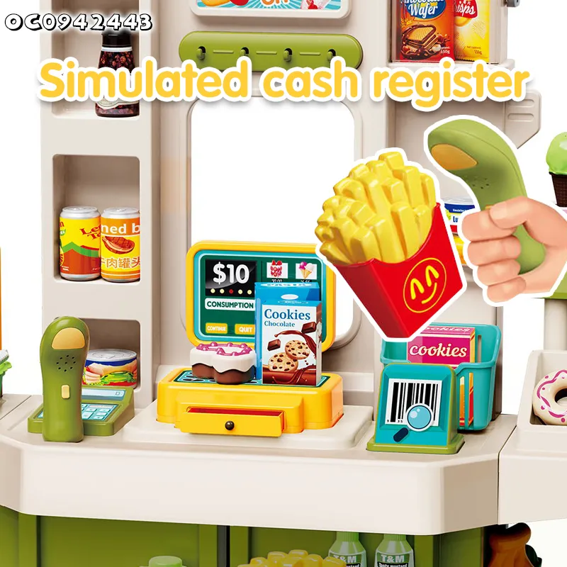 Kid Role Pretend Play Shop Counter Supermarket Toy Play Set Cash Register Scanner POS Machine Model Toy for Boy with Simulation Food
