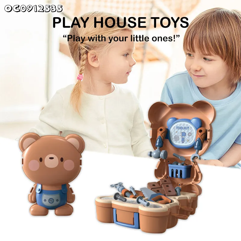 Cartoon Bear Design Backpack Plastic Nuts and Screws Kids Pretend Role Play Hand Tools Toy for Boys Wholesale