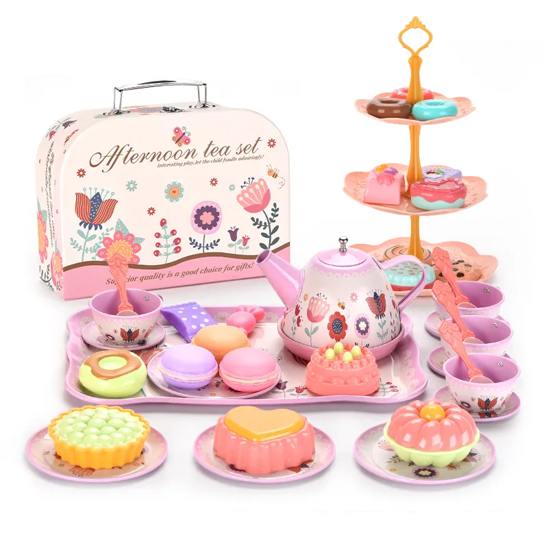 Wholesale Tableware Food Children Play Afternoon Tea Pink Plastic Kitchen Pretend Toy Set