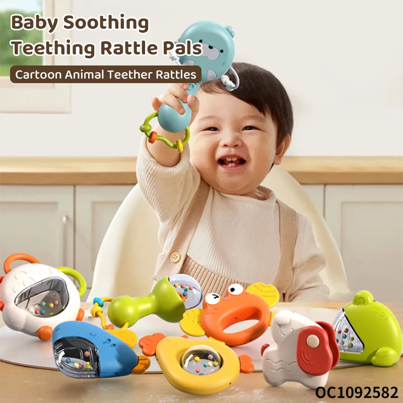 Wholesale Teether Lovely Animal Shape Hand Toys Baby Silicone Rattle Montessori Rattle Set Toy