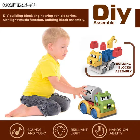 Wholesale Educational Montessori Plastic Kids Car DIY Building Block Toy with Light and Music