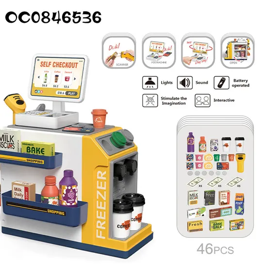 Small Children Games Home Supermarket Play Set Toy with Live Scanner POS Machine Cash Register Toy for Grocery Store