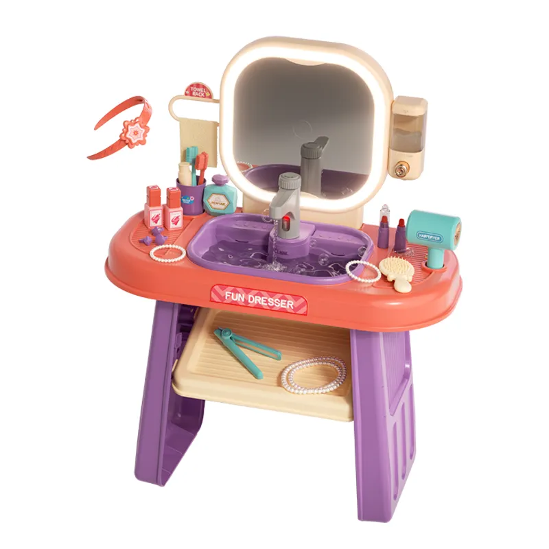 Wholesale Pretend Play Kids Makeup Toy Girls Beauty Makeup Fashion Dressing Table with LED Lights Mirror