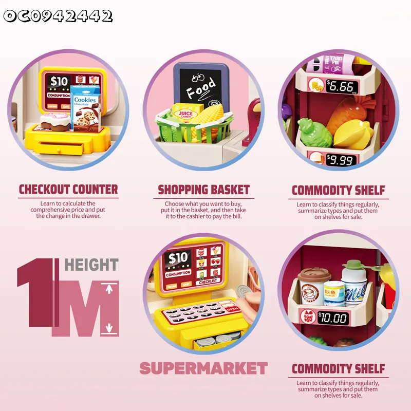Home Supermarket Pretend Play Checkout Mini Food Set Toy Miniature Plastic Toy with Live Scanner Cash Register Card Reader for Kids