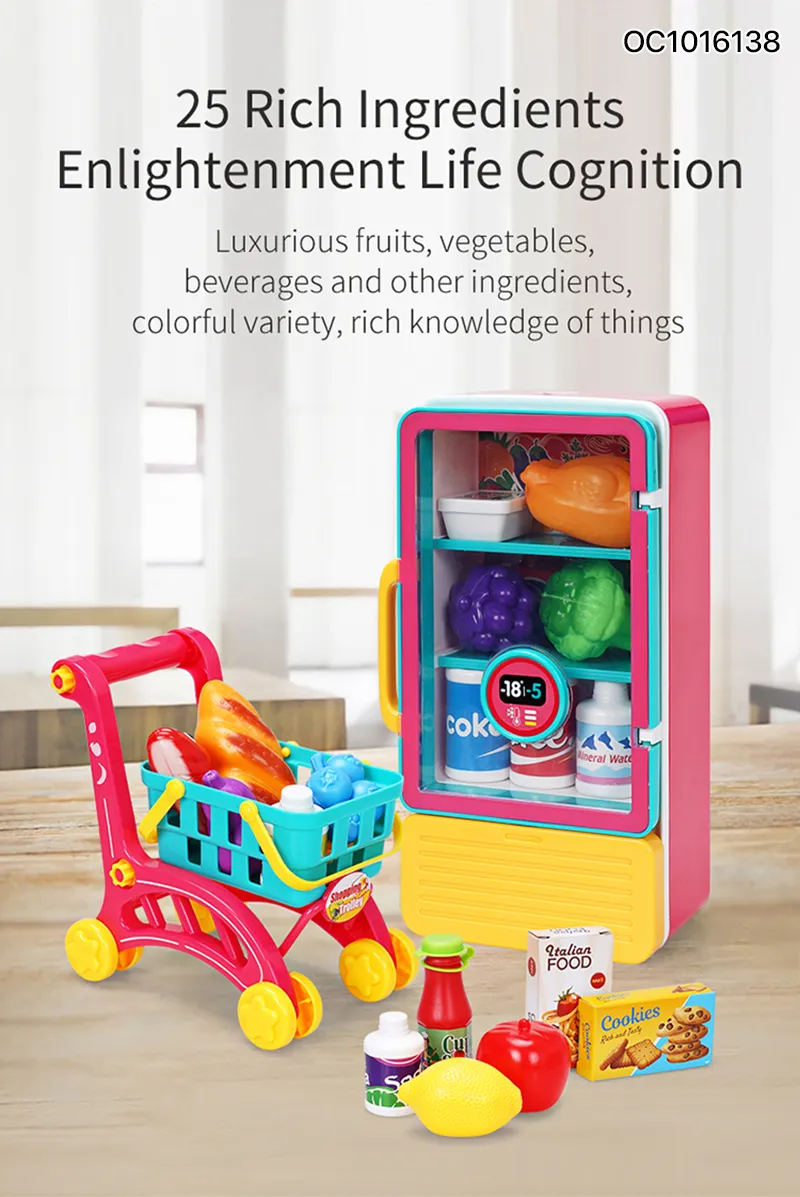 Simulation Food Plastic Toy Electric Mini Refrigerator Pretend City Play Houses with Supermarket Shopping Cart for Kids Children