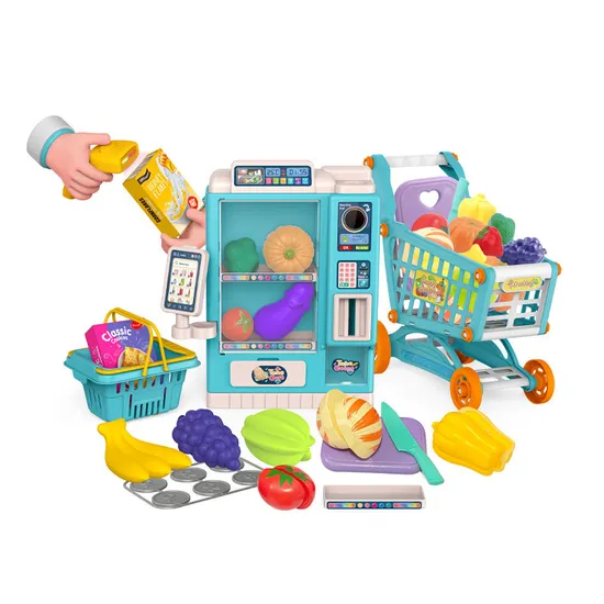 Supermarket Pretend Play Fruits and Vegetables Cutting Mini Vending Machines Pretend Plastic Shopping Cart Toy Wholesale