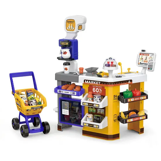 Portable Shopping Cart Home Supermarket Toy with Cash Register Cashier Machine Toy