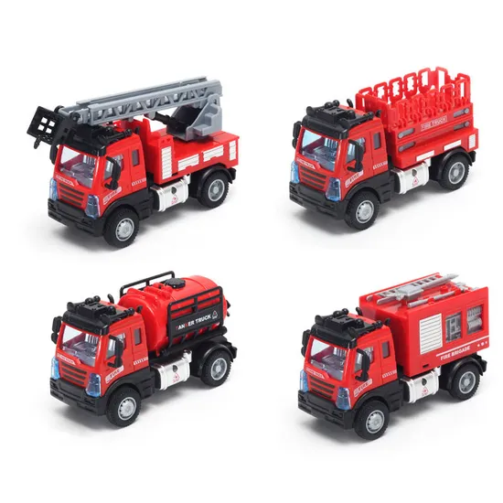 Wholesale Construction 4 Pieces Red Pullback Model Toy Car 1: 64 Plastic Fire Engine Truck Toy Set