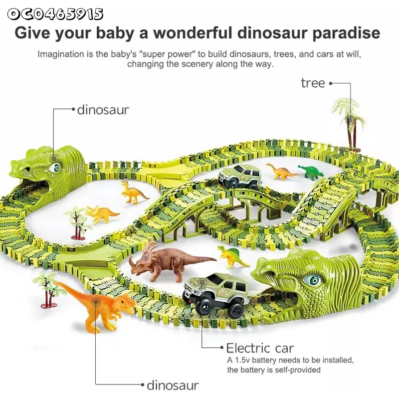Gift Items Green Electric Dinosaur Truck Car Toy Race Multiple Track Assembly Game with PVC Dinosaur Model Toy for Boys