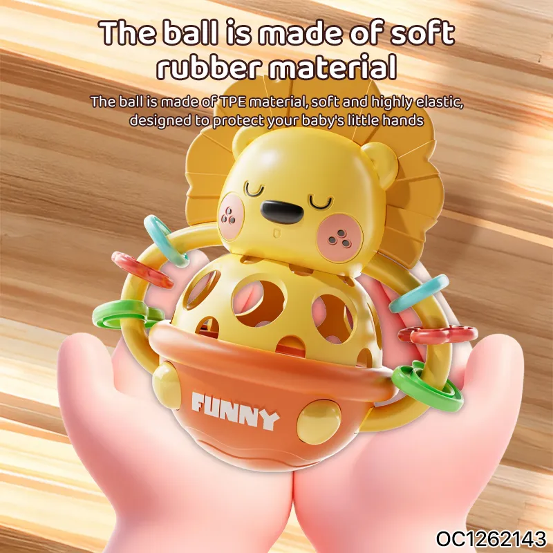 Lovely Cartoon Lion Design Tumbler Roly Poly Toy Soft Rubber Handheld Bell Grab Shake Plastic Rattle Ball Toy for Newborn Baby