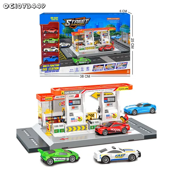 City Scene Simulation Gas and Car Wash Station Model Custom Made Plastic Toy with 4 Pieces Alloy Model Car Game Toy for Boys