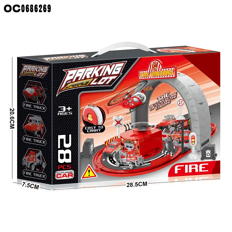 3 Pieces Fire Truck Toy Car Model Diecast Super Parking Lot Toys with Track Rail