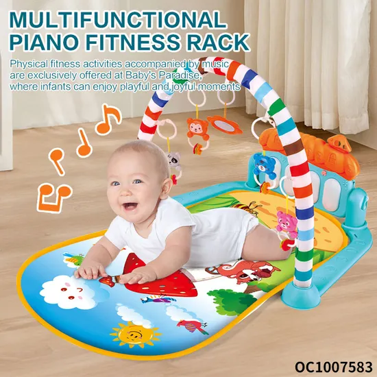 Cartoon Animals Design Baby Musical Activity Gym Foam Play Mat Piano for Floor Tummy Time with Hanging Rattles