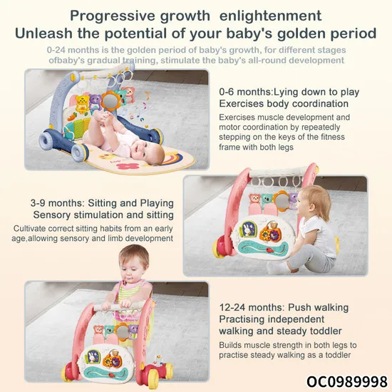 Good Quality 2 in 1 Baby Push Walker Pedal Baby Gym Piano Toys Musical Padded Baby Activity Gym Mat Playmat with Hanging Animals