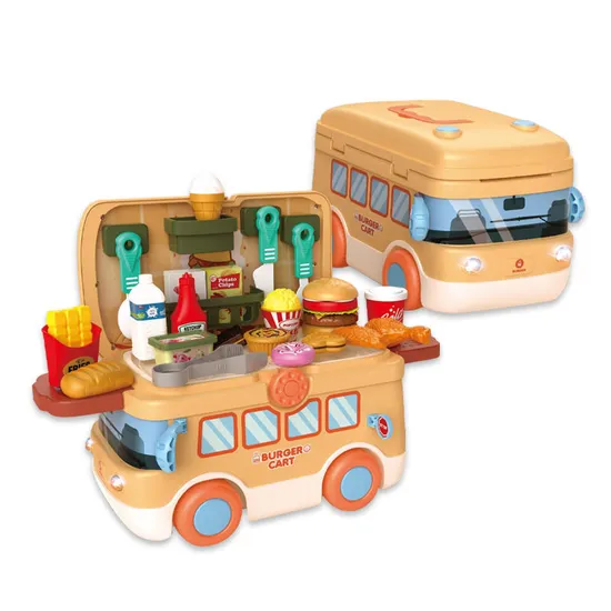 Cartoon Bus Multifunctional Plastic Mobile Kitchen Bus Play Pretend Preschool Fast Food Toys Kids