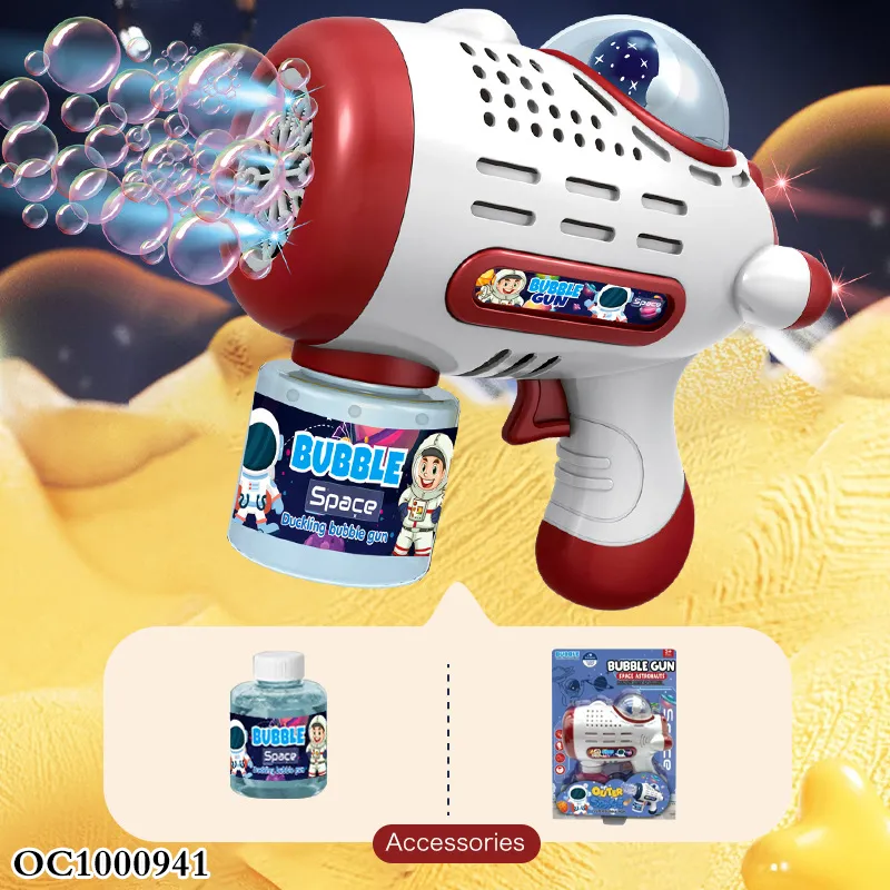 Summer Outdoor Transparent Automatic Space Bubble Blower Gun Toy Light Battery Operated Plastic Bubble Bottle Gun