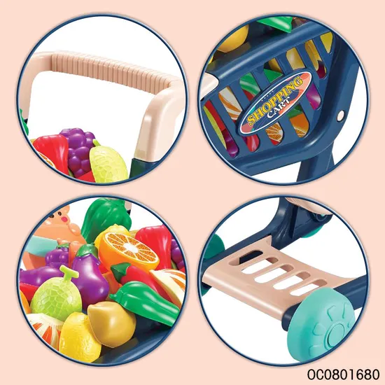 Wholesale Pretend Children's Plastic Kitchen Role Play Set Kids Supermarket Trolley Shopping Toys with Fruit