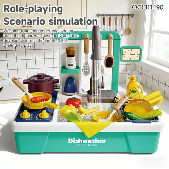 Wholesale Girl Pretend Spray Play Battery Operated Children's Plastic Kitchen Play Set Toy with Running Water Washing Machine
