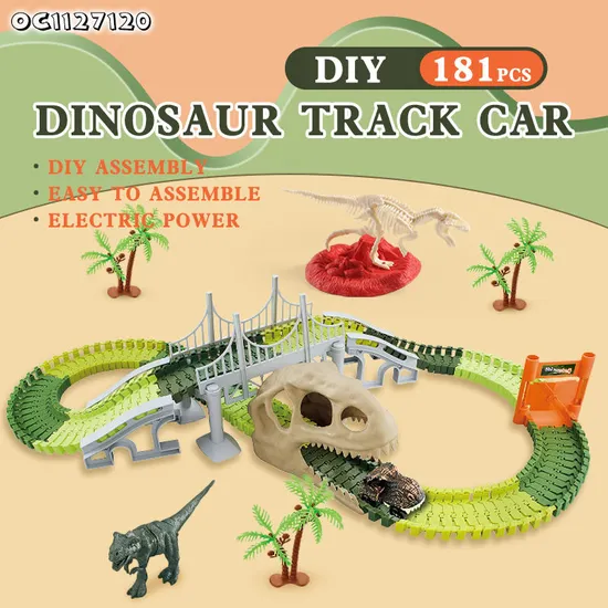 181PCS Dinosaur Theme Adventure Jigsaw Puzzle Track Cars DIY Assembling Rail Car Toys Slot Toys with Electric Dinosaur Car
