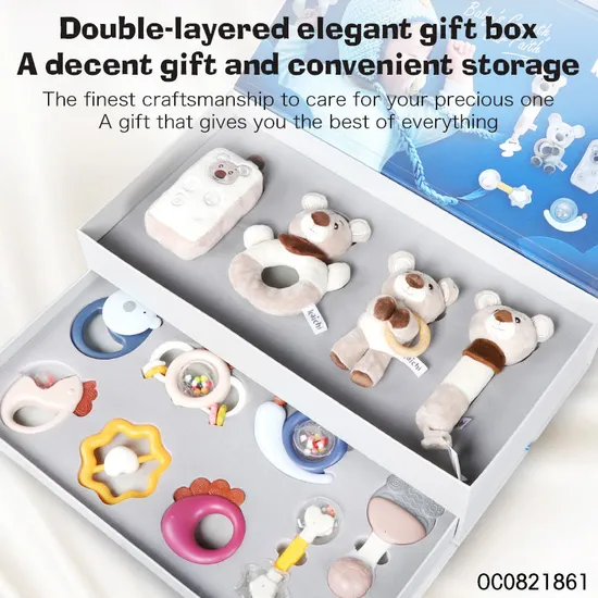 Custom Logo Sensory Toy New Born Baby Rattles Toys Plush Bear Gift Set Toy
