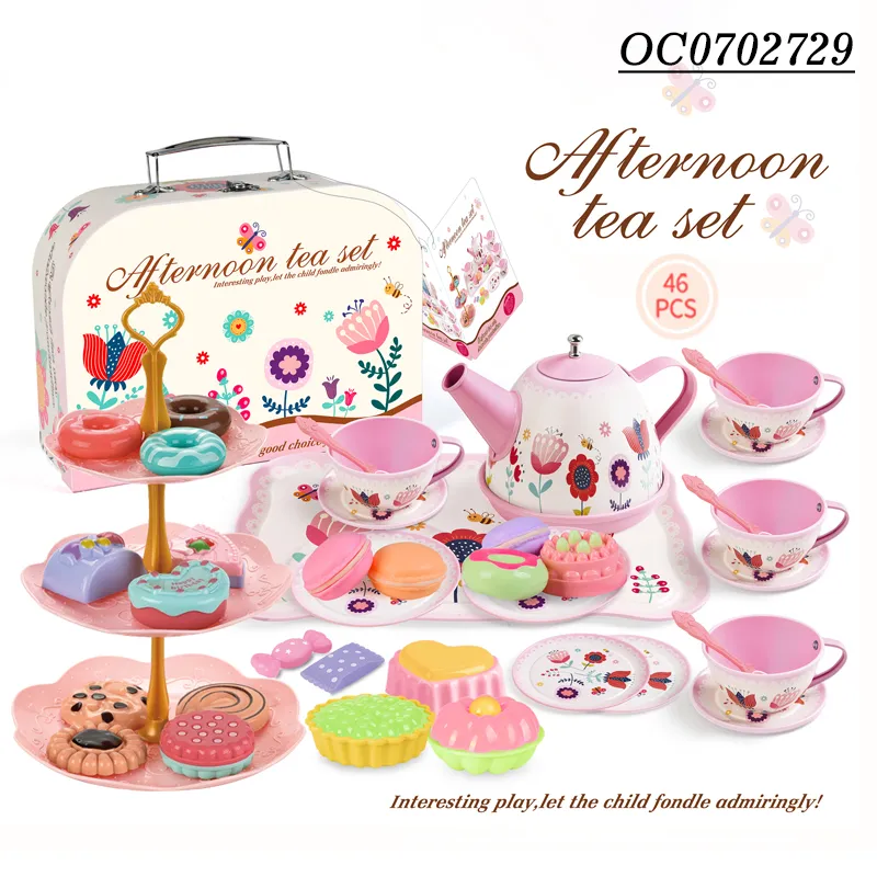 Wholesale Tableware Food Children Play Afternoon Tea Pink Plastic Kitchen Pretend Toy Set