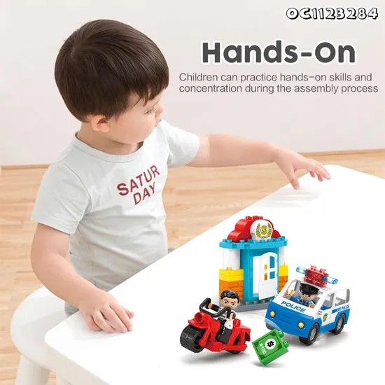 Wholesale Montessori Plastic Children Sensory DIY Police Car Gift Building Block Toy with Light