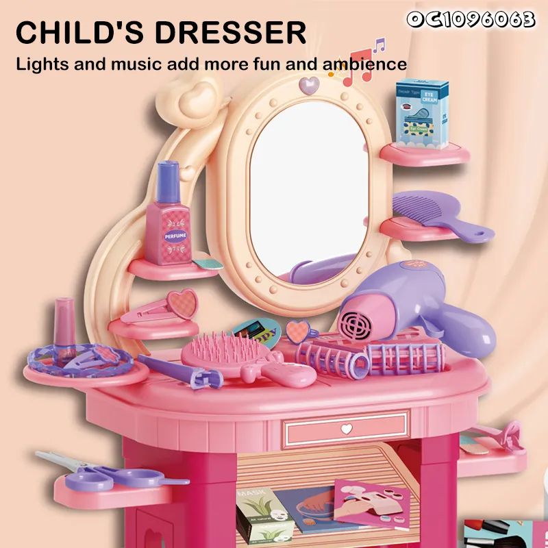 Wholesale Dressing Table Pink Fashion Girls Pretend Beauty Cosmetics Hair Salon Play Portable Makeup Kit Set Toy for Children with Light Music