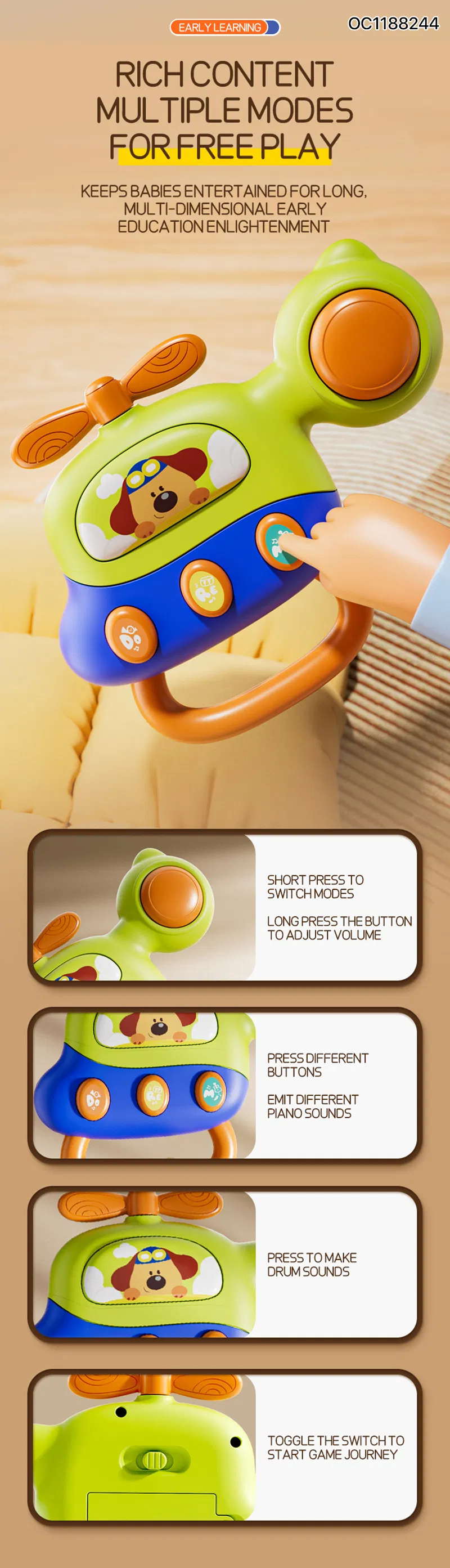 Educational Learning Toy Montessori Grasping Hand Bell Kids Toy Customized Non Toxic Plastic Baby Rattle Set Toys with Music