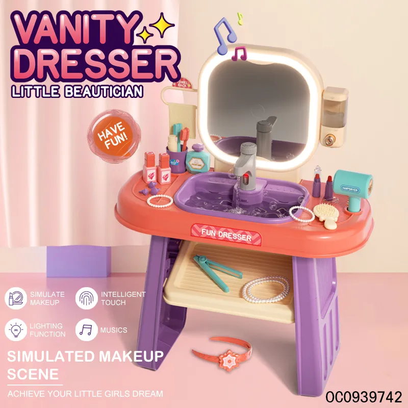 Wholesale Pretend Play Kids Makeup Toy Girls Beauty Makeup Fashion Dressing Table with LED Lights Mirror