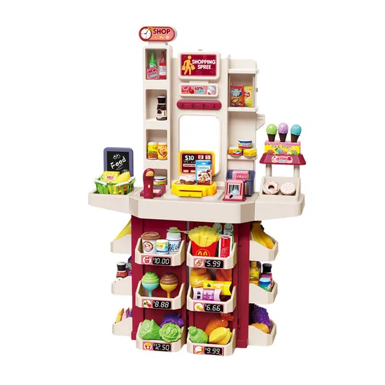 Home Supermarket Pretend Play Checkout Mini Food Set Toy Miniature Plastic Toy with Live Scanner Cash Register Card Reader for Kids