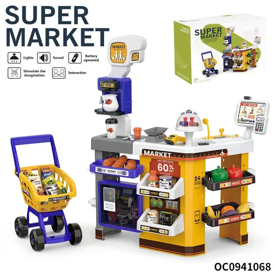 Portable Shopping Cart Home Supermarket Toy with Cash Register Cashier Machine Toy