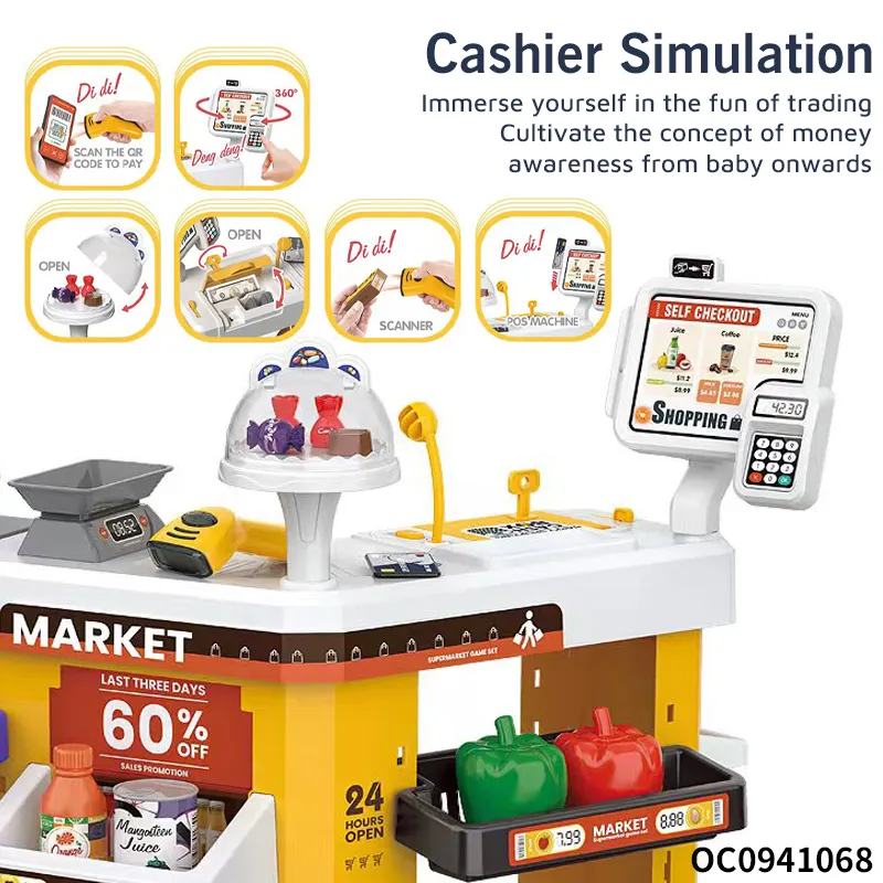 Portable Shopping Cart Home Supermarket Toy with Cash Register Cashier Machine Toy