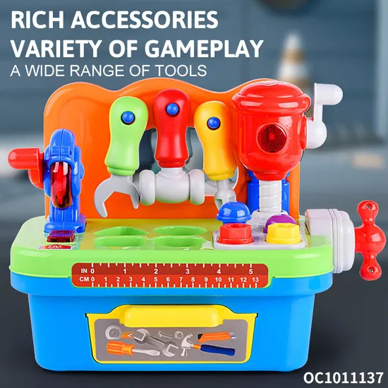 Multi-Accessories Fun Children Kids Pretend Play Construction Table Game Educational Mechanical Tool Box Set with Light Sound