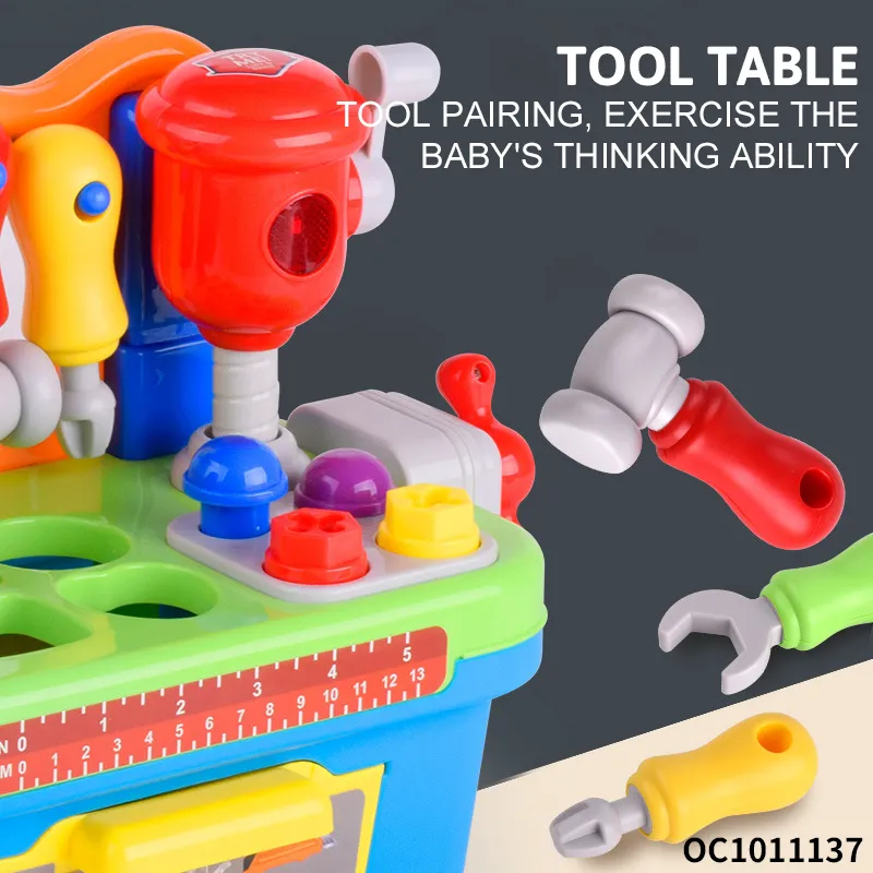 Multi-Accessories Fun Children Kids Pretend Play Construction Table Game Educational Mechanical Tool Box Set with Light Sound