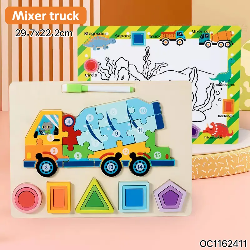 Kids Educational Engineering Truck Toy Set and Games Jigsaw Puzzles Toy for Children Wholesale 3D Wooden Jigsaw Puzzle Truck