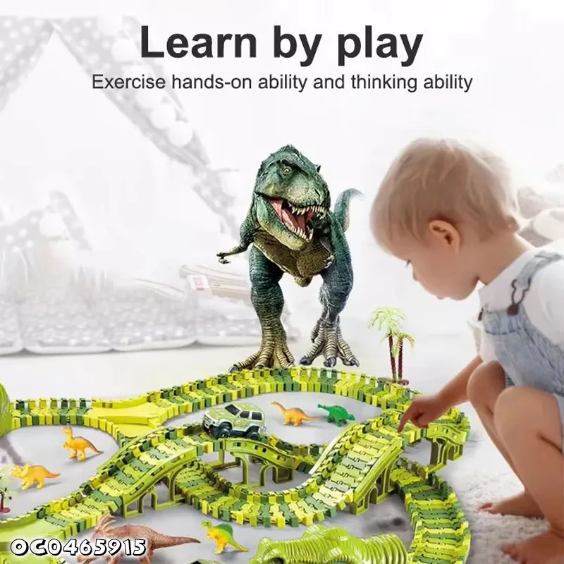 Gift Items Green Electric Dinosaur Truck Car Toy Race Multiple Track Assembly Game with PVC Dinosaur Model Toy for Boys
