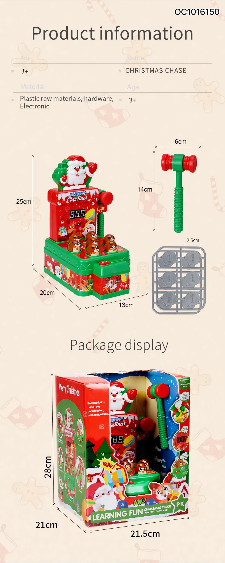 Christmas Kids Games 2 Players Whack a Mole Hammer Toy with Light and Music