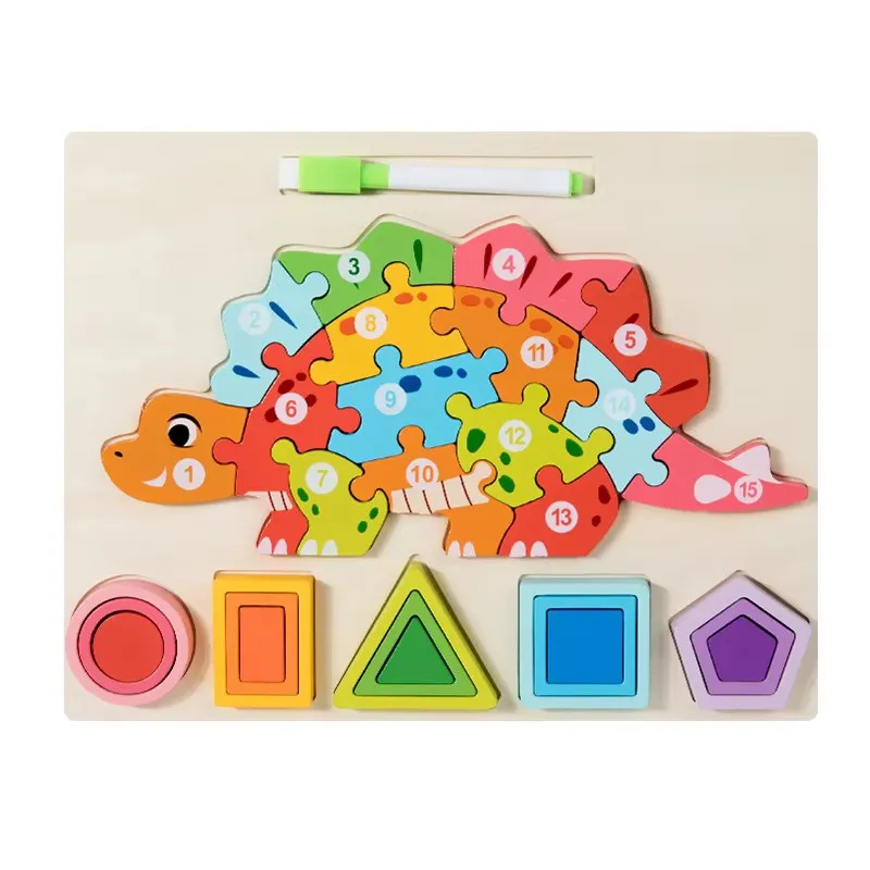 Cognitive Shape Number Block Learning Montessori Wooden High Quality Dinosaur Jigsaw Puzzle Animals Match Board Toy with Drawing Toy