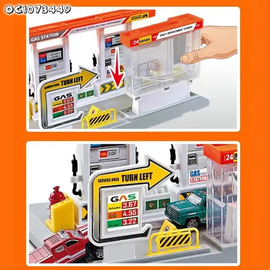 City Scene Simulation Gas and Car Wash Station Model Custom Made Plastic Toy with 4 Pieces Alloy Model Car Game Toy for Boys