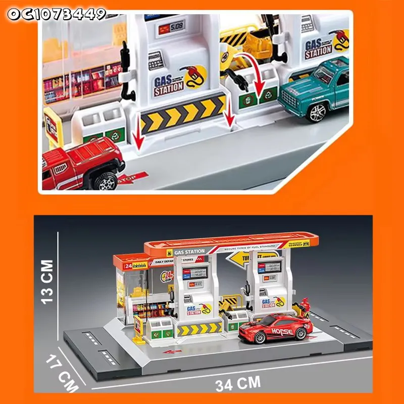 City Scene Simulation Gas and Car Wash Station Model Custom Made Plastic Toy with 4 Pieces Alloy Model Car Game Toy for Boys