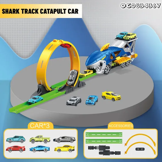 Ejection Flexible Racing Car Track Truck Catapult Small Transport Shark Car Gift Play Toys for Kids Boys with Mini Cars