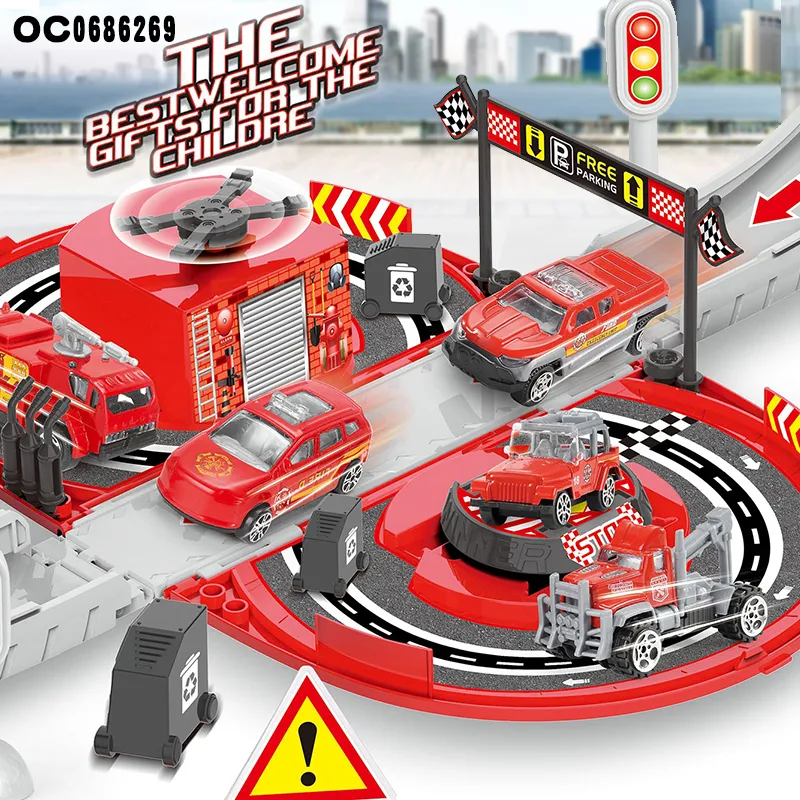 3 Pieces Fire Truck Toy Car Model Diecast Super Parking Lot Toys with Track Rail