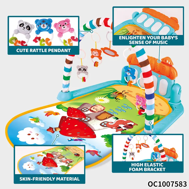 Cartoon Animals Design Baby Musical Activity Gym Foam Play Mat Piano for Floor Tummy Time with Hanging Rattles