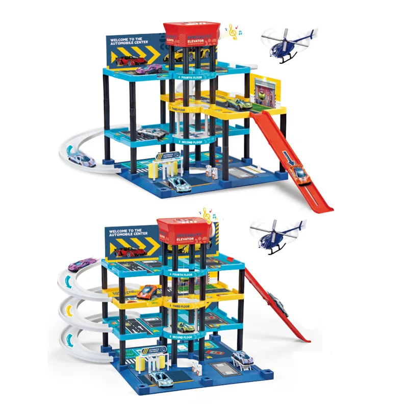 4 Layers Kids Road Track Construction Rail Parking Lot Toys with 4PCS Sliding Alloy Cars Plane