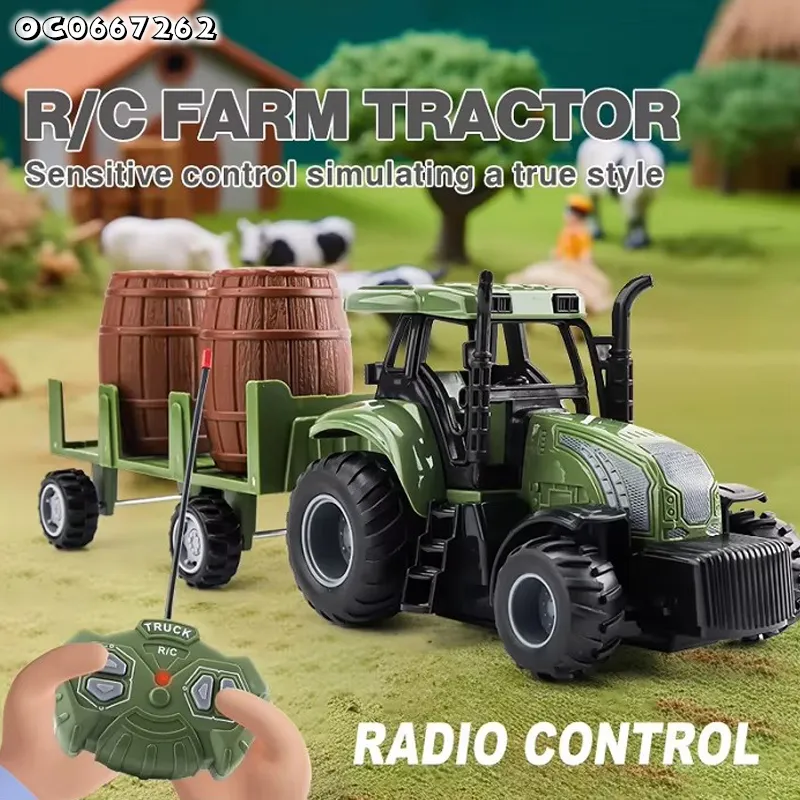 Plastic Transport Wooden Barrel Children RC Car Toys Small RC Farm Tractor Remote Control with Farm Toy