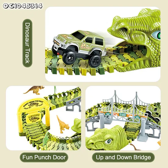 Electric Dinosaur Truck Car Play Set Toy DIY Flexible Race Assembly Puzzle Slide Track Fun Game Toy for Kids Boys with PVC Dinosaur