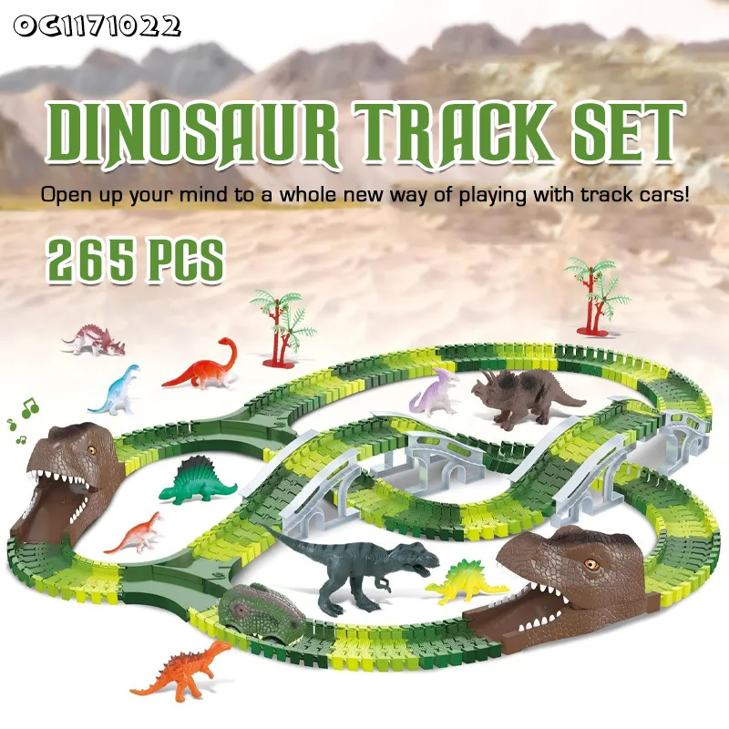 Dinosaur Theme Electric Toy Cars Train Set for Kids with 266PCS Assemble Flexible Multiple Tracks Games Toy with Liqht and Music