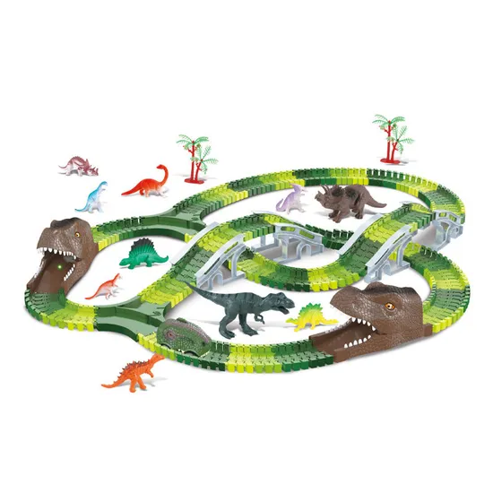Dinosaur Theme Electric Toy Cars Train Set for Kids with 266PCS Assemble Flexible Multiple Tracks Games Toy with Liqht and Music